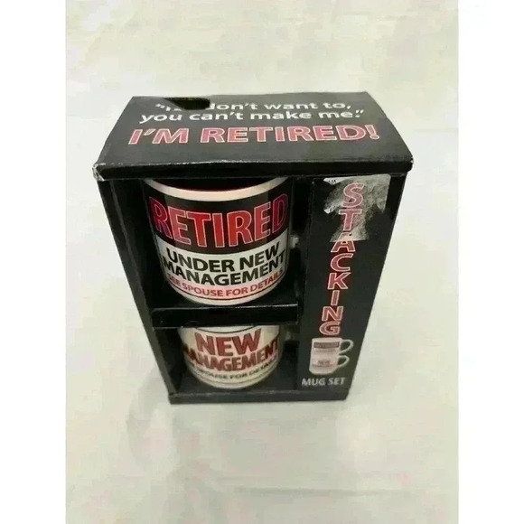 Our name Is Mud Laurie Veasey Set 2 Stackable Retirement Mugs White/Red - Picture 2 of 5